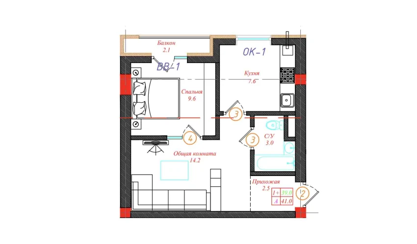 1-комнатная квартира 41 м²  7/12 этаж | Жилой комплекс CHINARA PARK