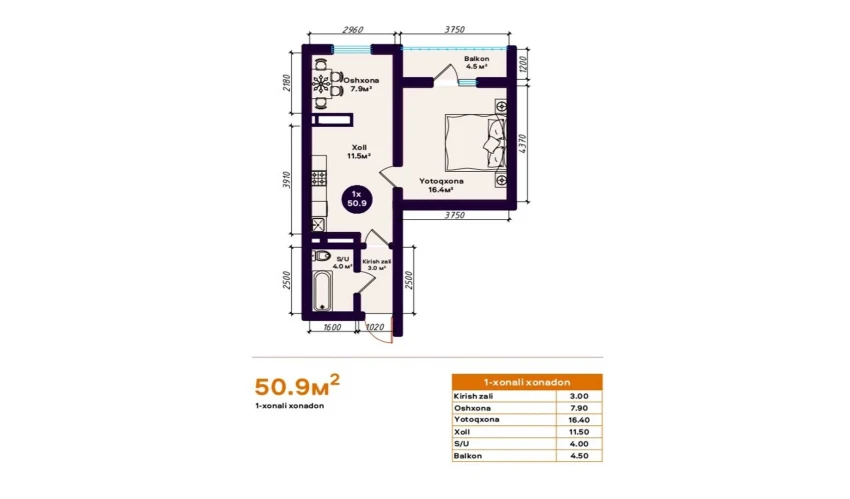 1-xonali xonadon 50.9 m²  11/16 qavat | TURON Turar-joy majmuasi