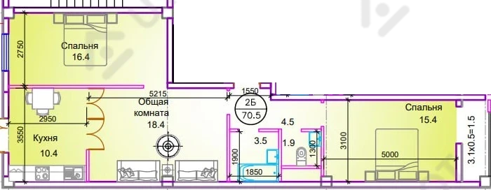 3-комнатная квартира 70.5 м²  8/9 этаж | Жилой комплекс UCHTEPA PLAZA