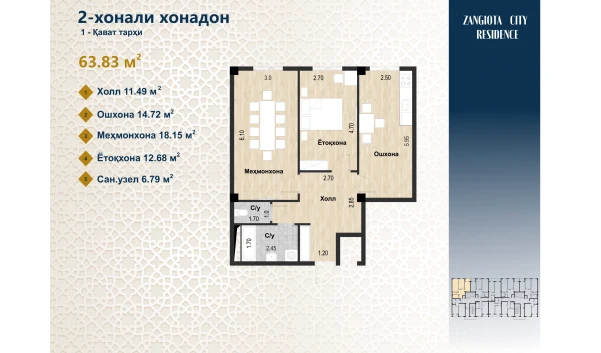 2-комнатная квартира 141.76 м²  1/11 этаж | Жилой комплекс Zangota City 1 -ETAP
