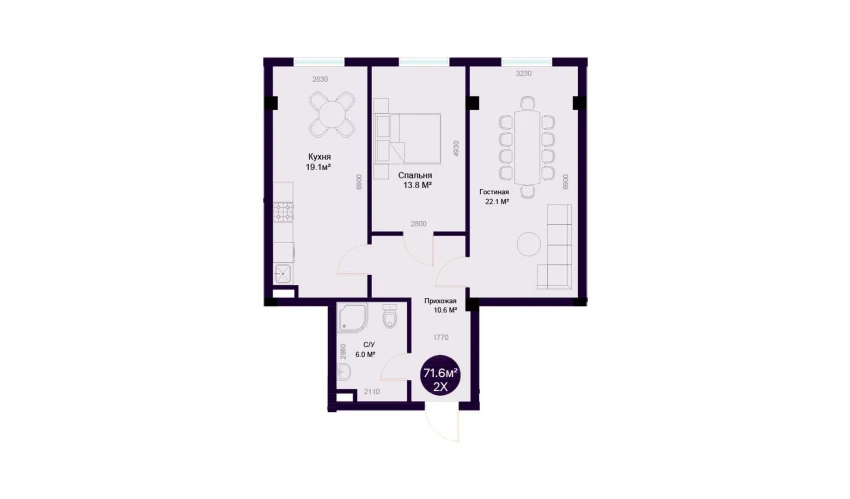 2-комнатная квартира 71.6 м²  1/7 этаж | Жилой комплекс Minor