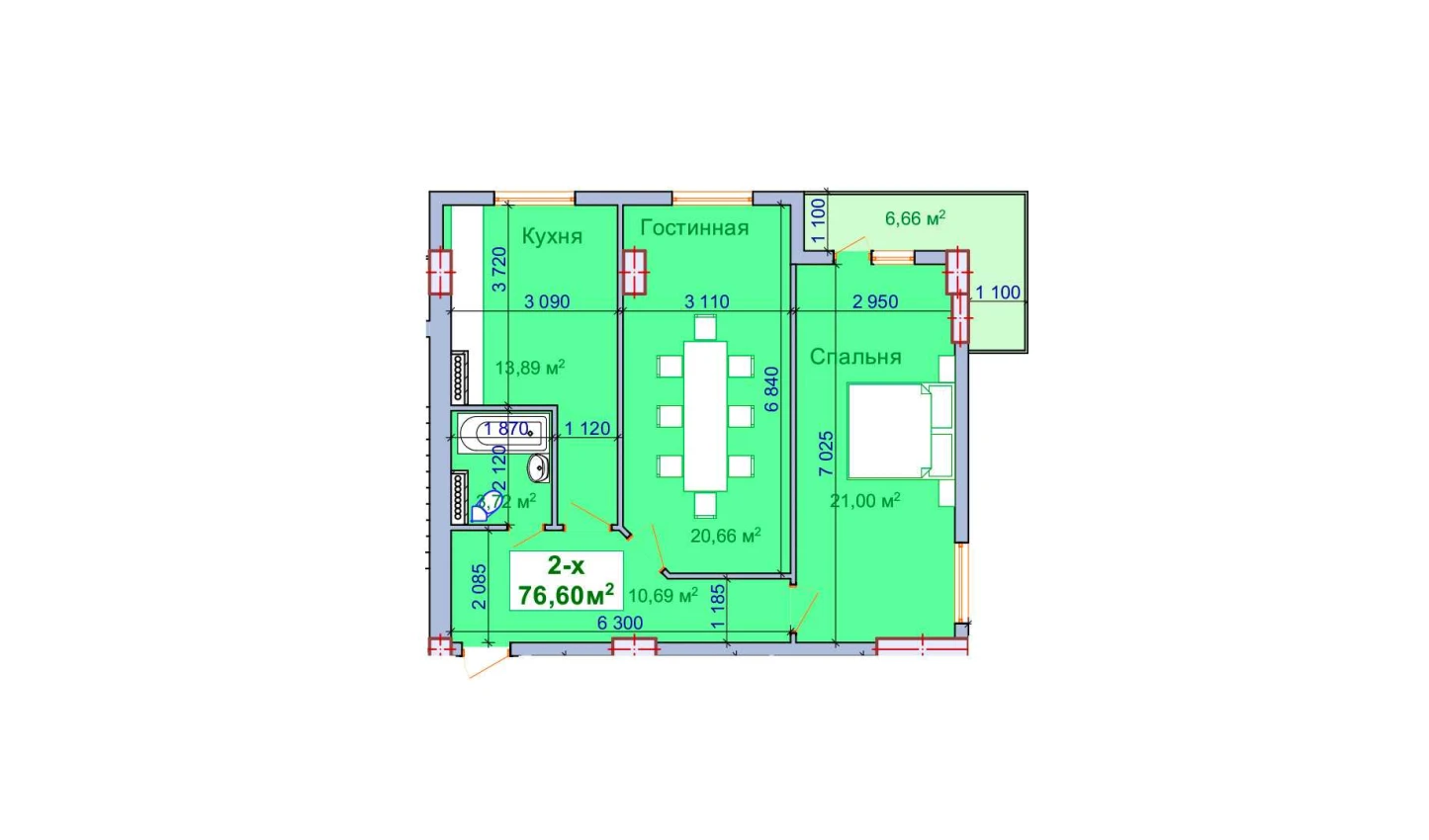 2-комн. квартира 76.6 м²  7/9 этаж | Жилой комплекс SHAYX-UL OLAM