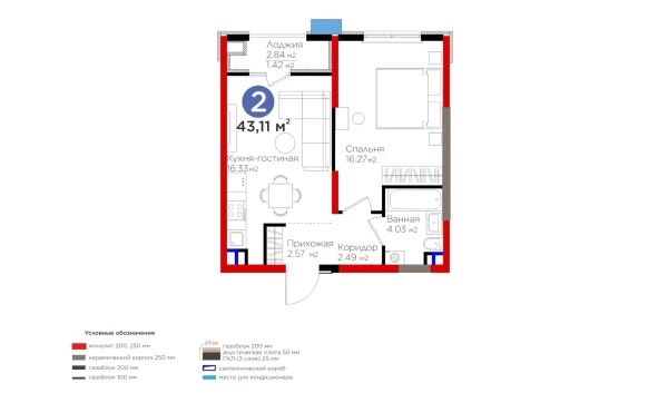 2-комнатная квартира 43.11 м²  3/9 этаж | Жилой комплекс BI Sad'O