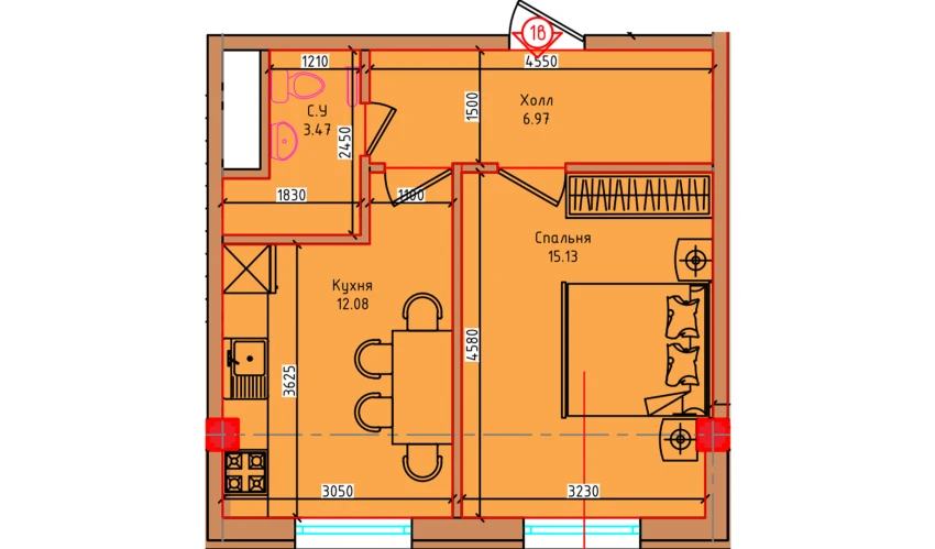 1-комнатная квартира 37.65 м²  7/8 этаж | Жилой комплекс Markaz