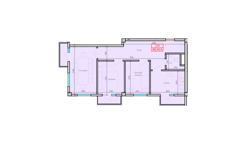 3-xonali xonadon 73.9 m²  2/7 qavat | Gulbadanbegim Turar-joy majmuasi