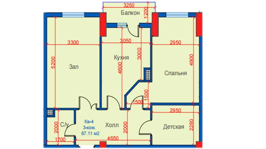 3-xonali xonadon 67.11 m²  3/12 qavat | Sokin city Turar-joy majmuasi