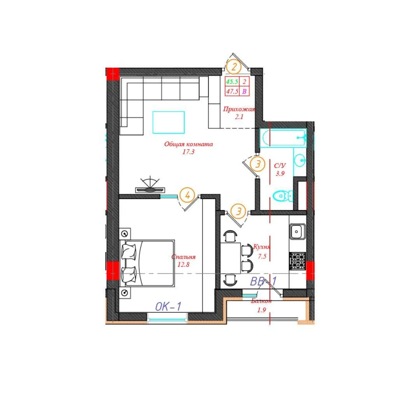 2-xonali xonadon 47.5 m²  9/12 qavat | CHINARA PARK Turar-joy majmuasi
