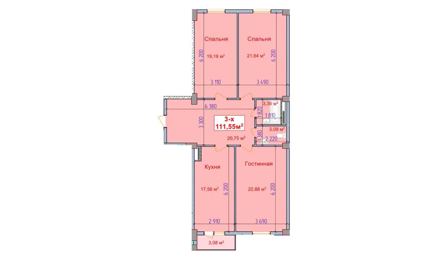 3-комн. квартира 111.55 м²  7/9 этаж | Жилой комплекс SHAYX-UL OLAM