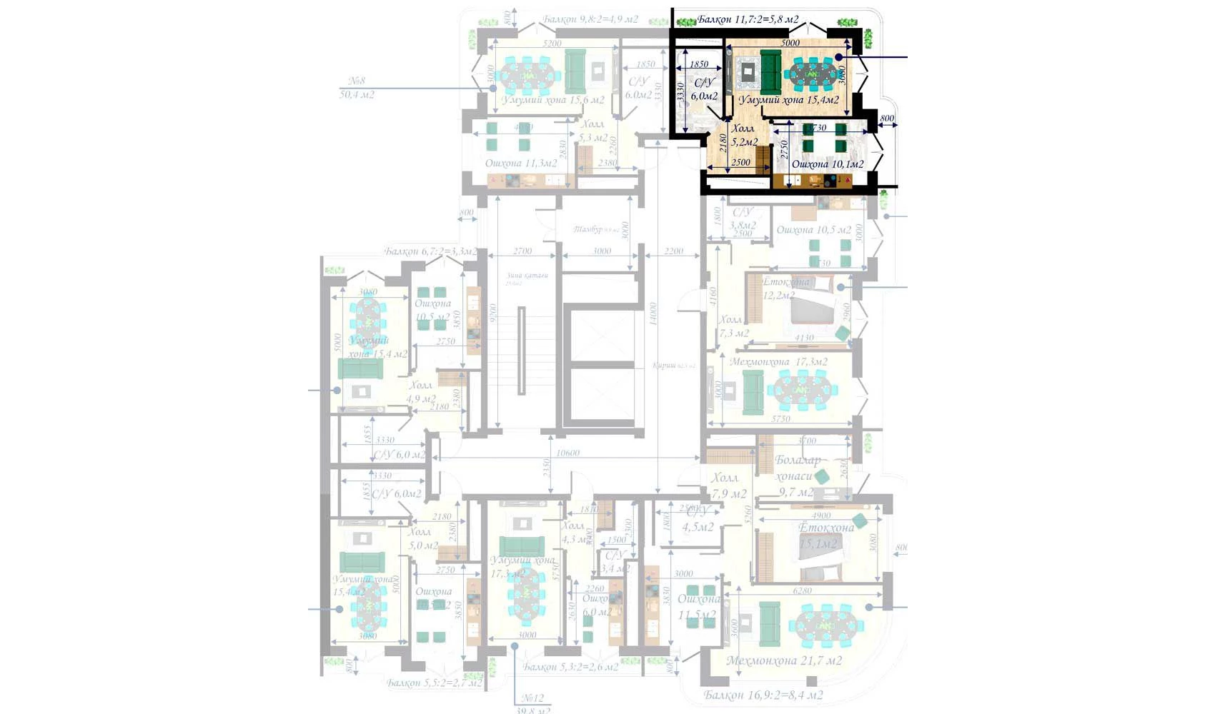 1-xonali xonadon 50.1 m²  9/13 qavat | MEGAPOLIS А2 Turar-joy majmuasi