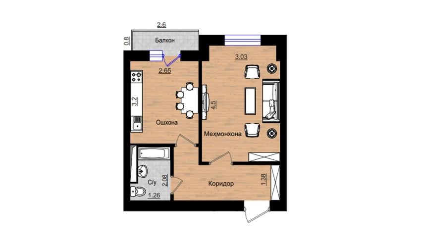 1-комнатная квартира 38.47 м²  4/5 этаж | Жилой комплекс QIZILTEPA