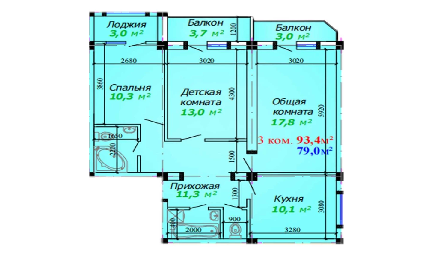 3-xonali xonadon 93.4 m²  2/7 qavat | Bunyodkor Turar-joy majmuasi