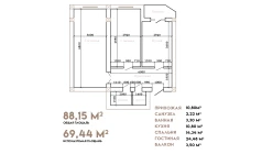 2-комн. квартира 88.15 м²  6/10 этаж | Жилой комплекс AZAMATOV GROUP
