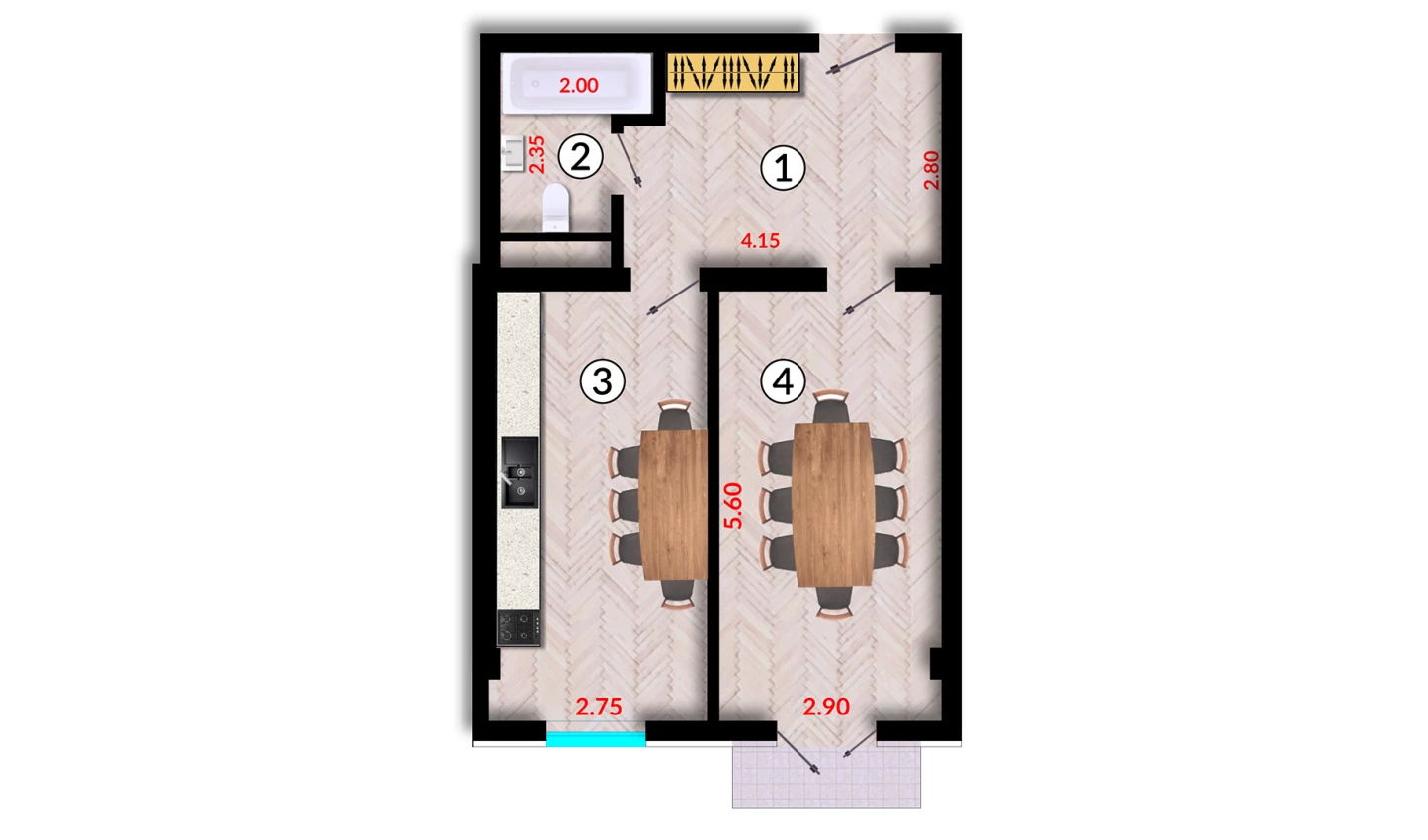1-xonali xonadon 49.1 m²  8/10 qavat | Ko'kcha-Oqtepa Turar-joy majmuasi