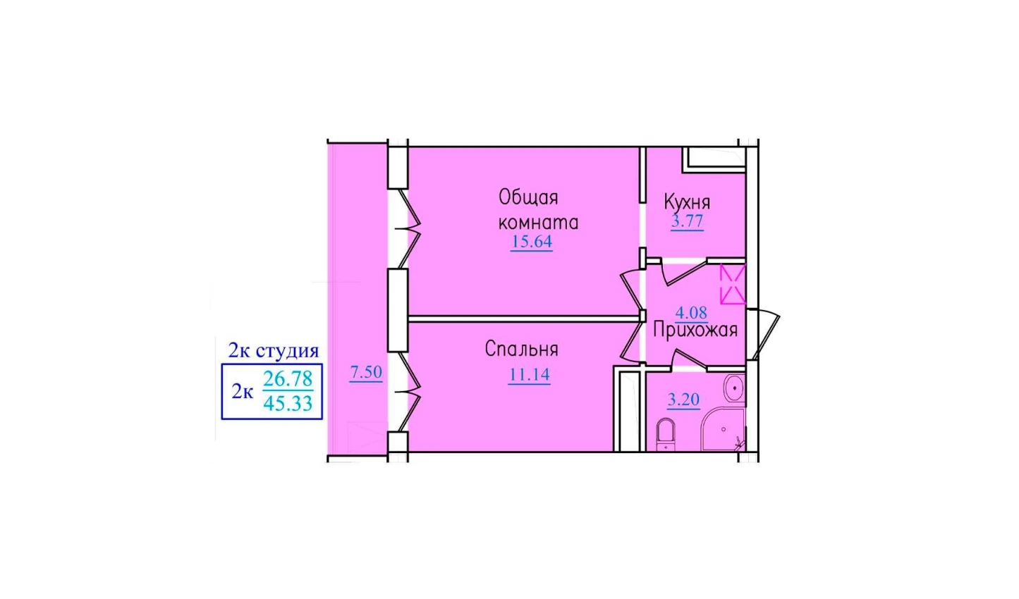 2-xonali xonadon 45.33 m²  9/9 qavat | PROVANS Turar-joy majmuasi