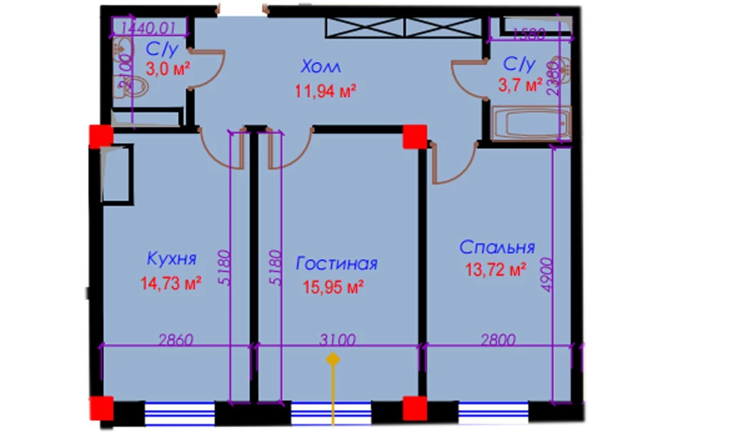2-xonali xonadon 63.95 m²  10/10 qavat | Ko'kcha-Oqtepa Turar-joy majmuasi