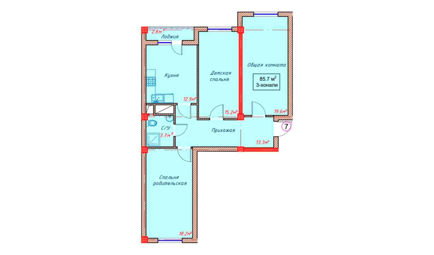 3-комн. квартира 85.7 м²  9/10 этаж | Жилой комплекс Orzular