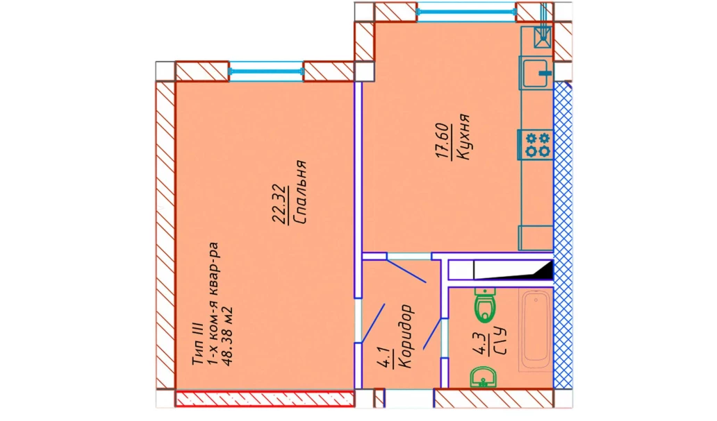 1-xonali xonadon 48.38 m²  3/10 qavat | Samarqand Park Avenue Turar-joy majmuasi
