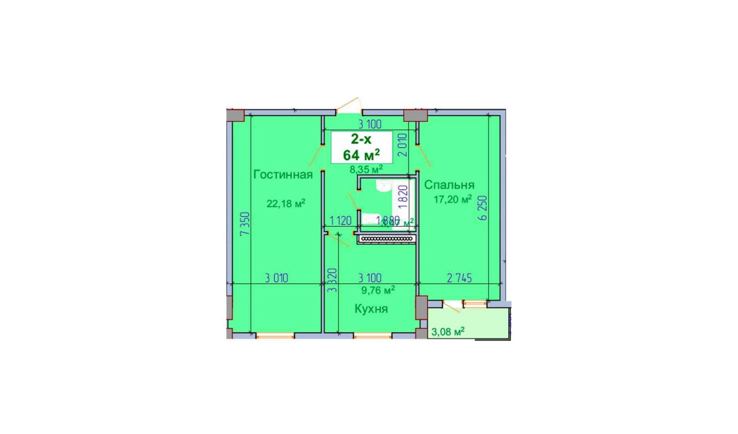 2-xonali xonadon 64 m²  8/9 qavat | SHAYX-UL OLAM Turar-joy majmuasi