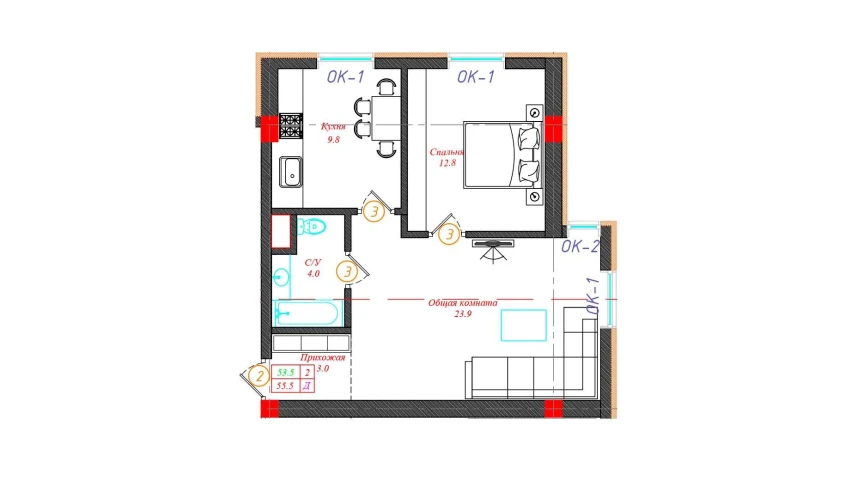 2-комнатная квартира 55.5 м²  1/12 этаж | Жилой комплекс CHINARA PARK