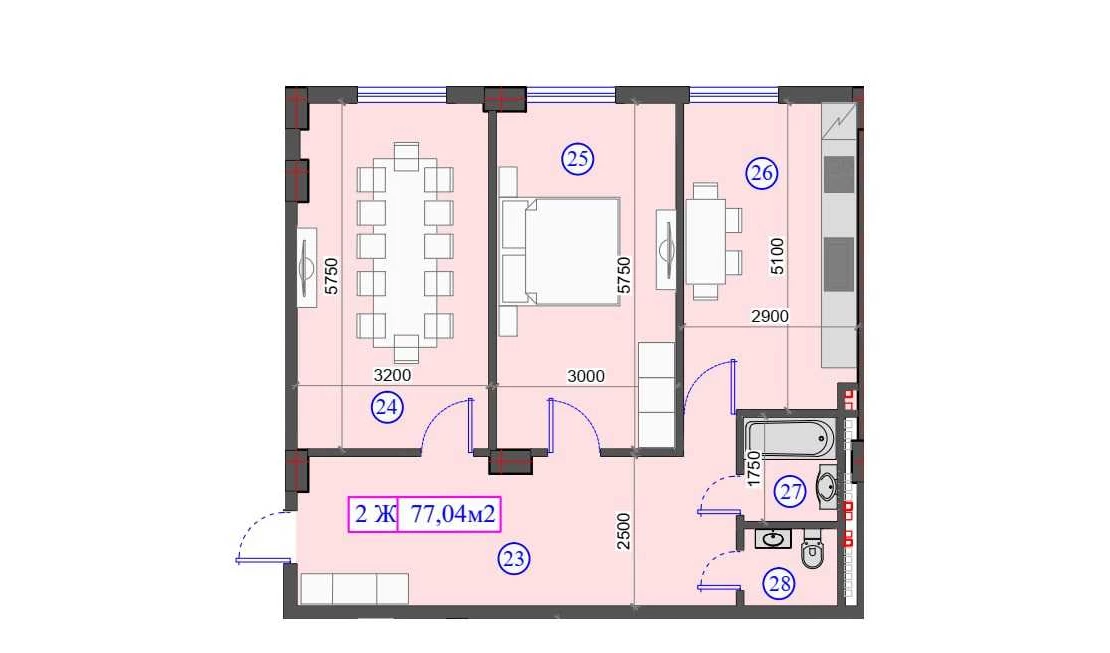 2-xonali xonadon 77.04 m²  1/7 qavat | O'ZBEGIM Turar-joy majmuasi