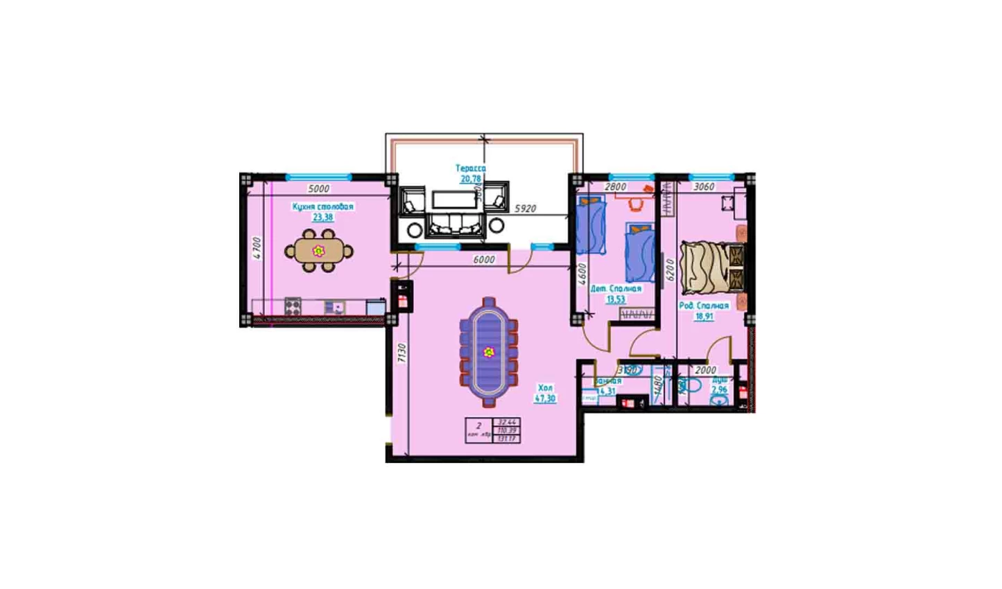 2-комн. квартира 131.17 м²  13/13 этаж | Жилой комплекс Bog'dod City
