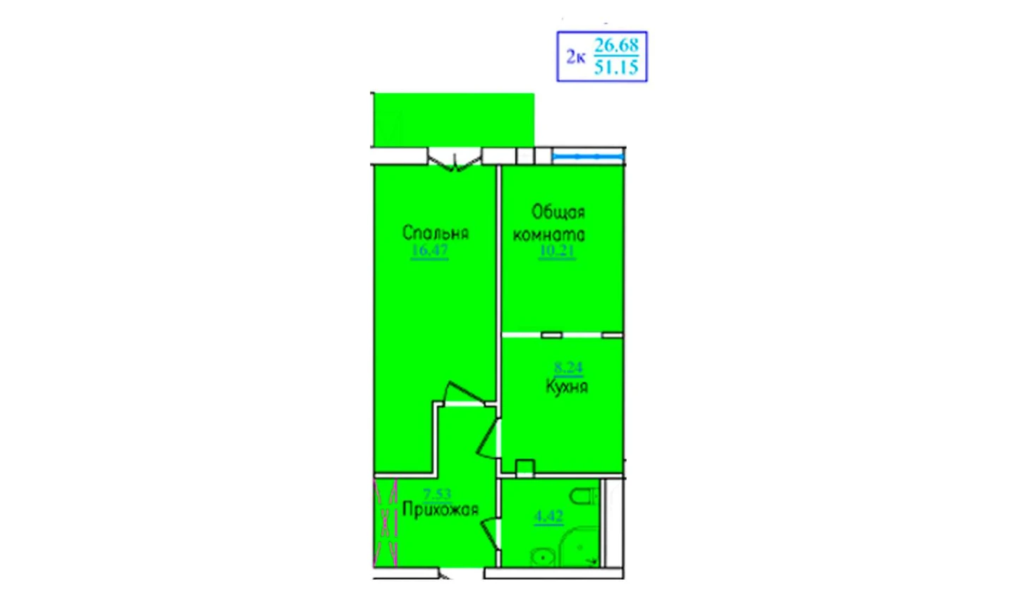 2-xonali xonadon 51.15 m²  5/9 qavat | PROVANS Turar-joy majmuasi