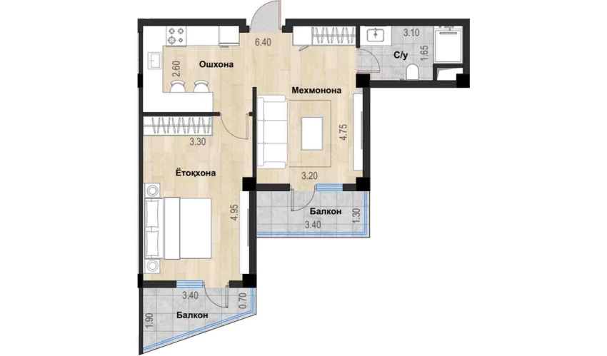 2-xonali xonadon 52.8 m²  6/7 qavat | Bochka Resort Turar-joy majmuasi