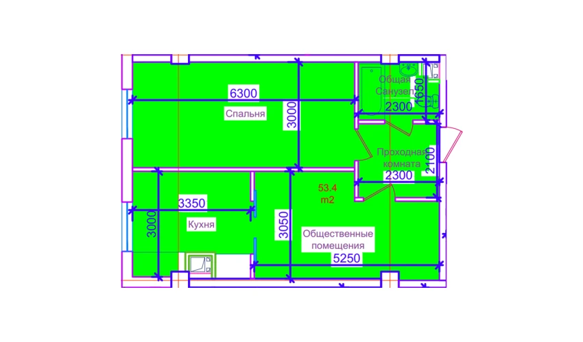2-xonali xonadon 53.4 m²  8/10 qavat | ORZULAR MASKANI Turar-joy majmuasi
