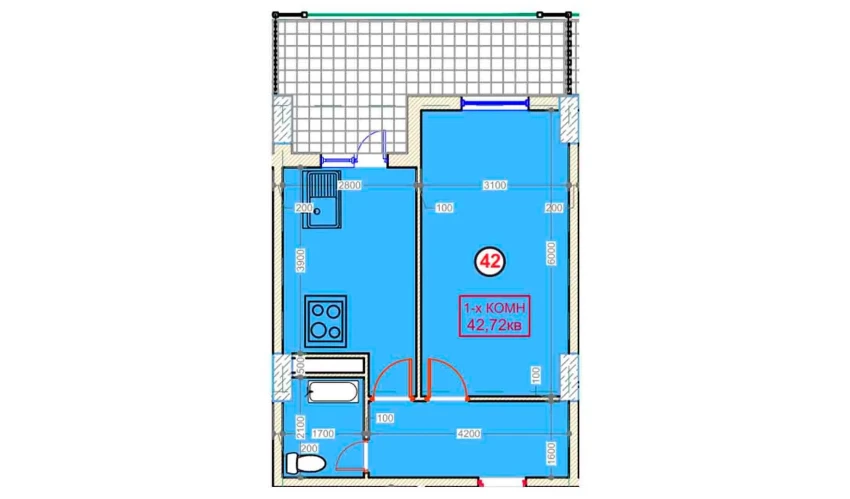 1-комнатная квартира 42.72 м²  2/9 этаж | Жилой комплекс XUMO