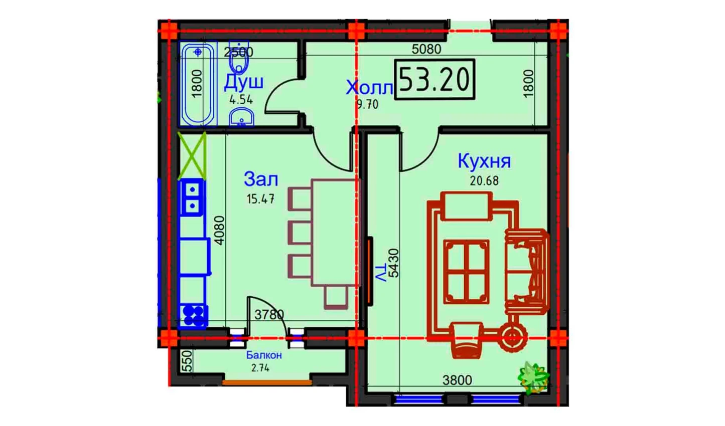 1-xonali xonadon 53.2 m²  4/9 qavat | BAHOR Turar-joy majmuasi