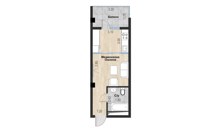 1-комнатная квартира 27.6 м²  6/7 этаж | Жилой комплекс Bochka Resort