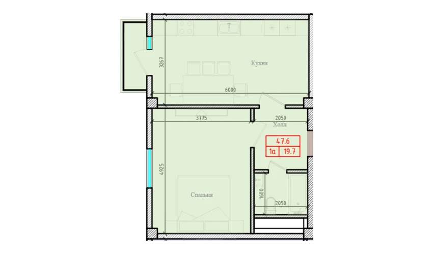 1-комнатная квартира 47.6 м²  6/7 этаж | Жилой комплекс Gulbadanbegim
