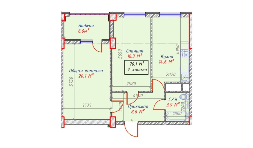 2-комнатная квартира 70.1 м²  13/16 этаж | Жилой комплекс Sam House (Qora Suv)