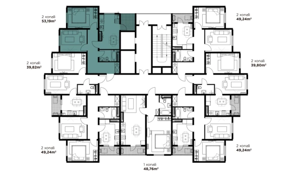 2-xonali xonadon 53.19 m²  14/16 qavat | BASHKENT Turar-joy majmuasi