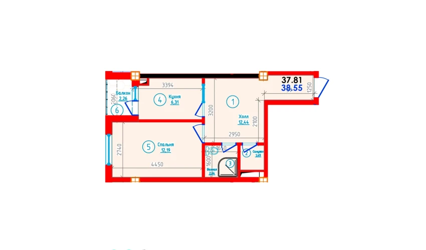 1-комнатная квартира 38.55 м²  10/12 этаж | Жилой комплекс S-Tower