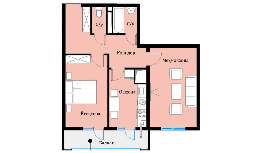 2-xonali xonadon 54.1 m²  11/16 qavat | SOKIN DIYOR Turar-joy majmuasi