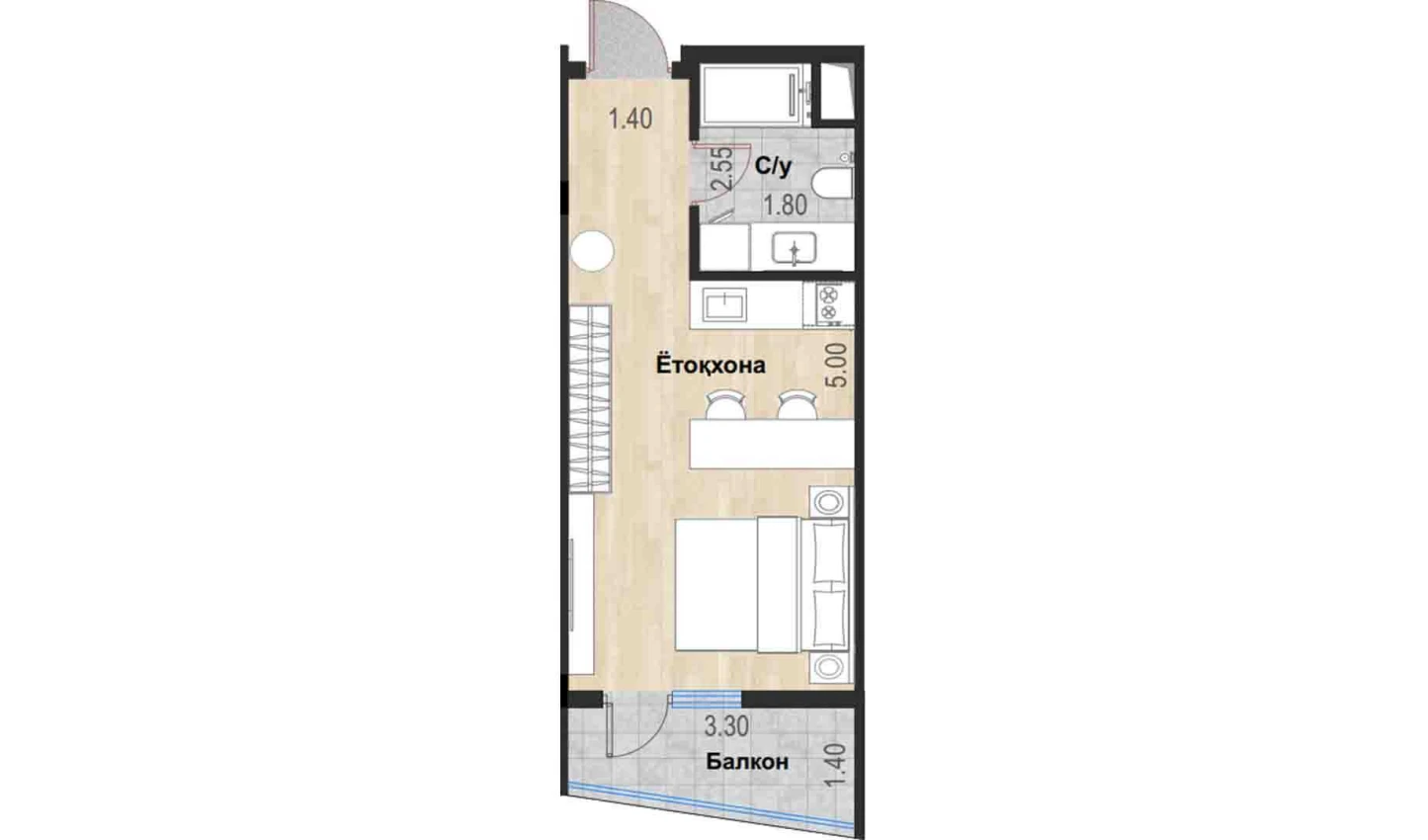 1-комн. квартира 29.94 м²  5/7 этаж | Жилой комплекс Bochka Resort