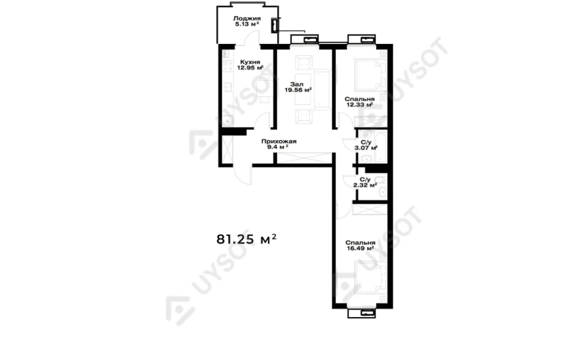 3-xonali xonadon 81.25 m²  1/15 qavat | Assalom Bog'lar Turar-joy majmuasi