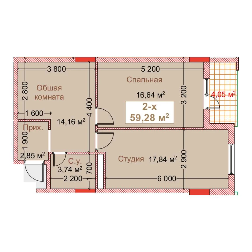 2-xonali xonadon 59.28 m²  5/8 qavat | CAPITAL AVENUE Turar-joy majmuasi