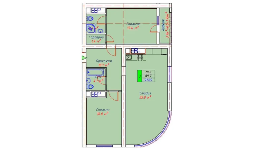 3-xonali xonadon 91.65 m²  9/30 qavat | ECO TOWER Turar-joy majmuasi