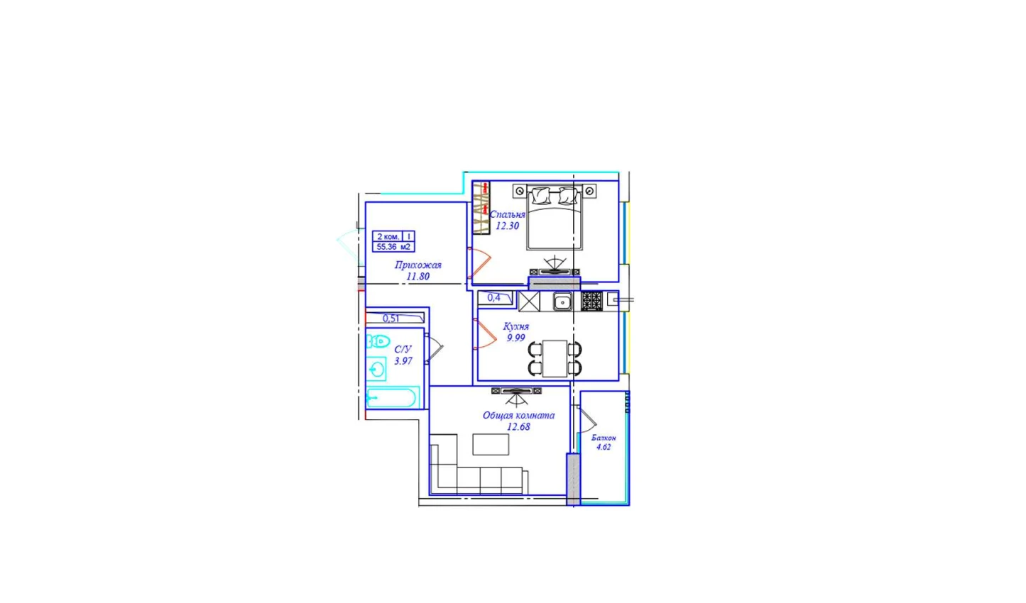 2-комн. квартира 55.36 м²  15/17 этаж | Жилой комплекс UCHTEPA CITY
