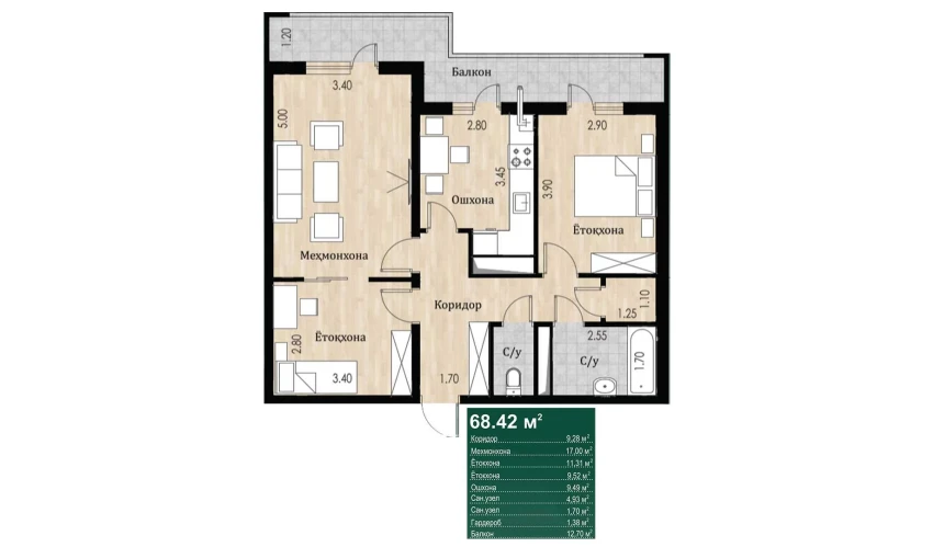 3-xonali xonadon 68.42 m²  16/16 qavat | SOKIN DIYOR Turar-joy majmuasi