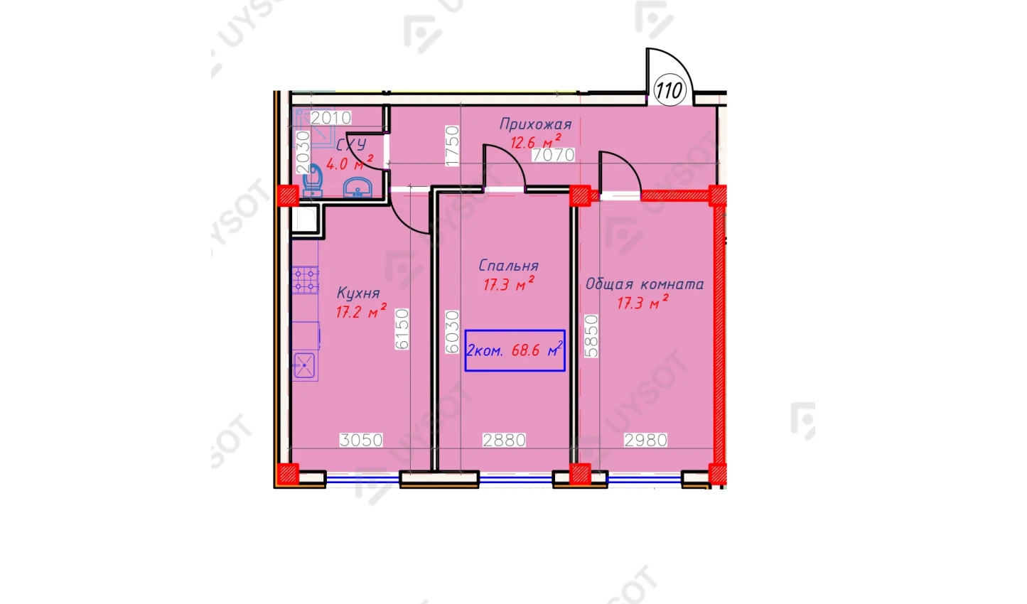 2-xonali xonadon 68.6 m²  1/9 qavat | QASHQADARYO Turar-joy majmuasi