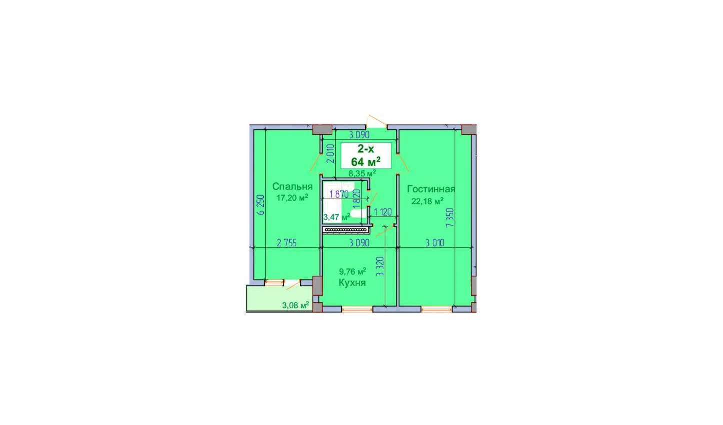 2-xonali xonadon 64 m²  9/9 qavat | SHAYX-UL OLAM Turar-joy majmuasi