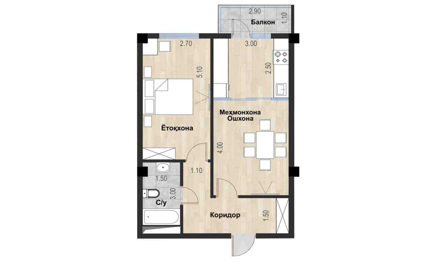 2-комн. квартира 49.08 м²  6/7 этаж | Жилой комплекс Bochka Resort