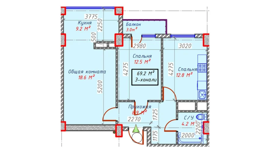 3-комнатная квартира 69.2 м²  16/16 этаж | Жилой комплекс Sam House (Qora Suv)