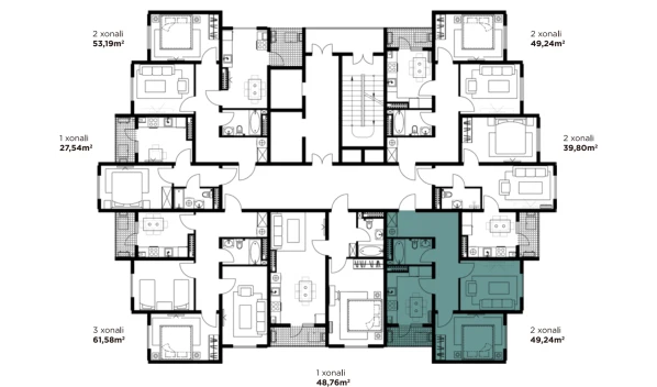 2-xonali xonadon 49.24 m²  15/16 qavat | BASHKENT Turar-joy majmuasi