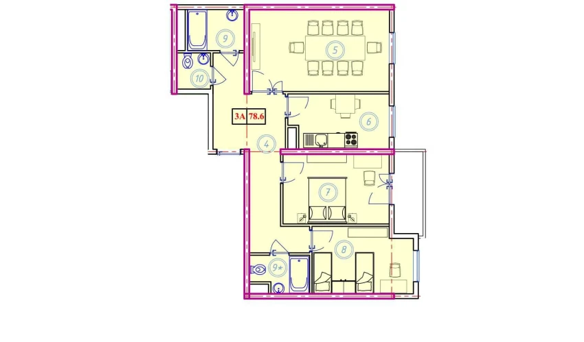 3-xonali xonadon 78.6 m²  7/9 qavat | Ahillik Turar-joy majmuasi