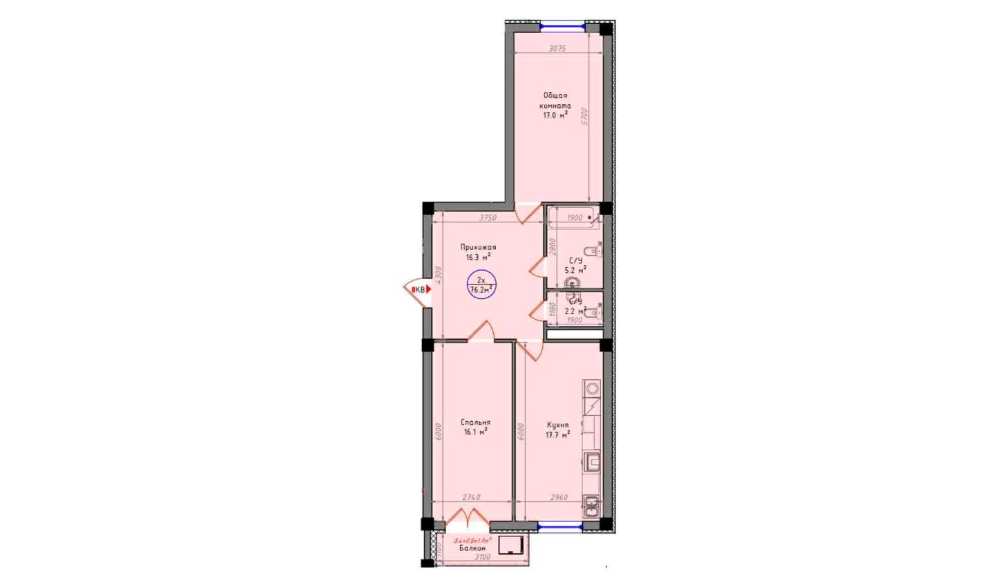 2-комн. квартира 76.2 м²  3/12 этаж | Жилой комплекс Zamin Jizzax