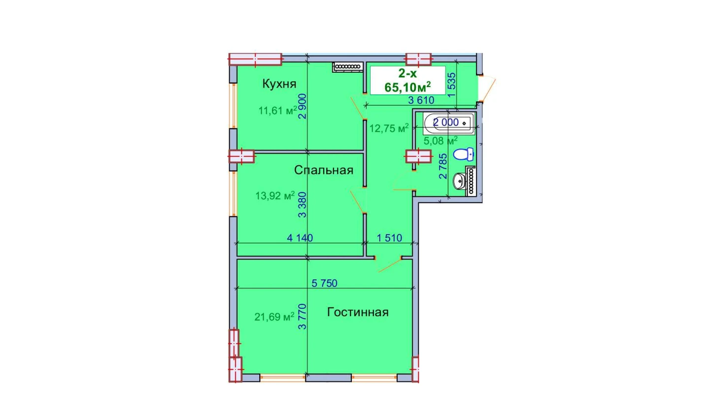 2-комн. квартира 65.1 м²  1/9 этаж | Жилой комплекс SHAYX-UL OLAM